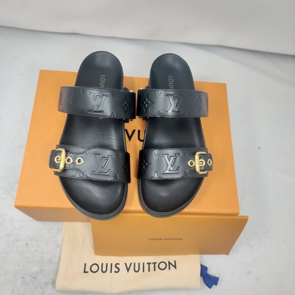 LOUIS VUITTON Black LV Monogram Bom Dia Flat Slide Sandal - Picture 1 of 14